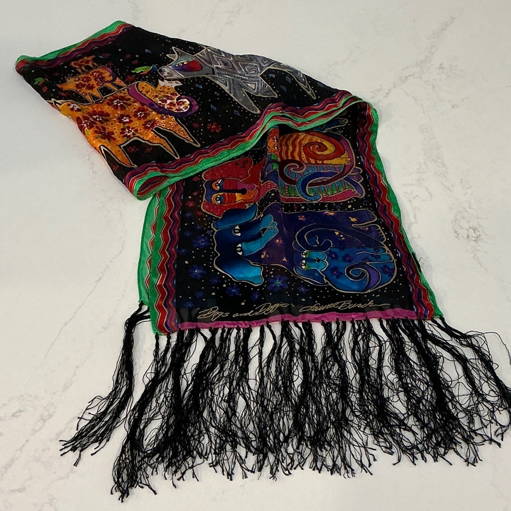 Laurel Burch dogs and doggie silk scarf fringe animal whimsical artsy